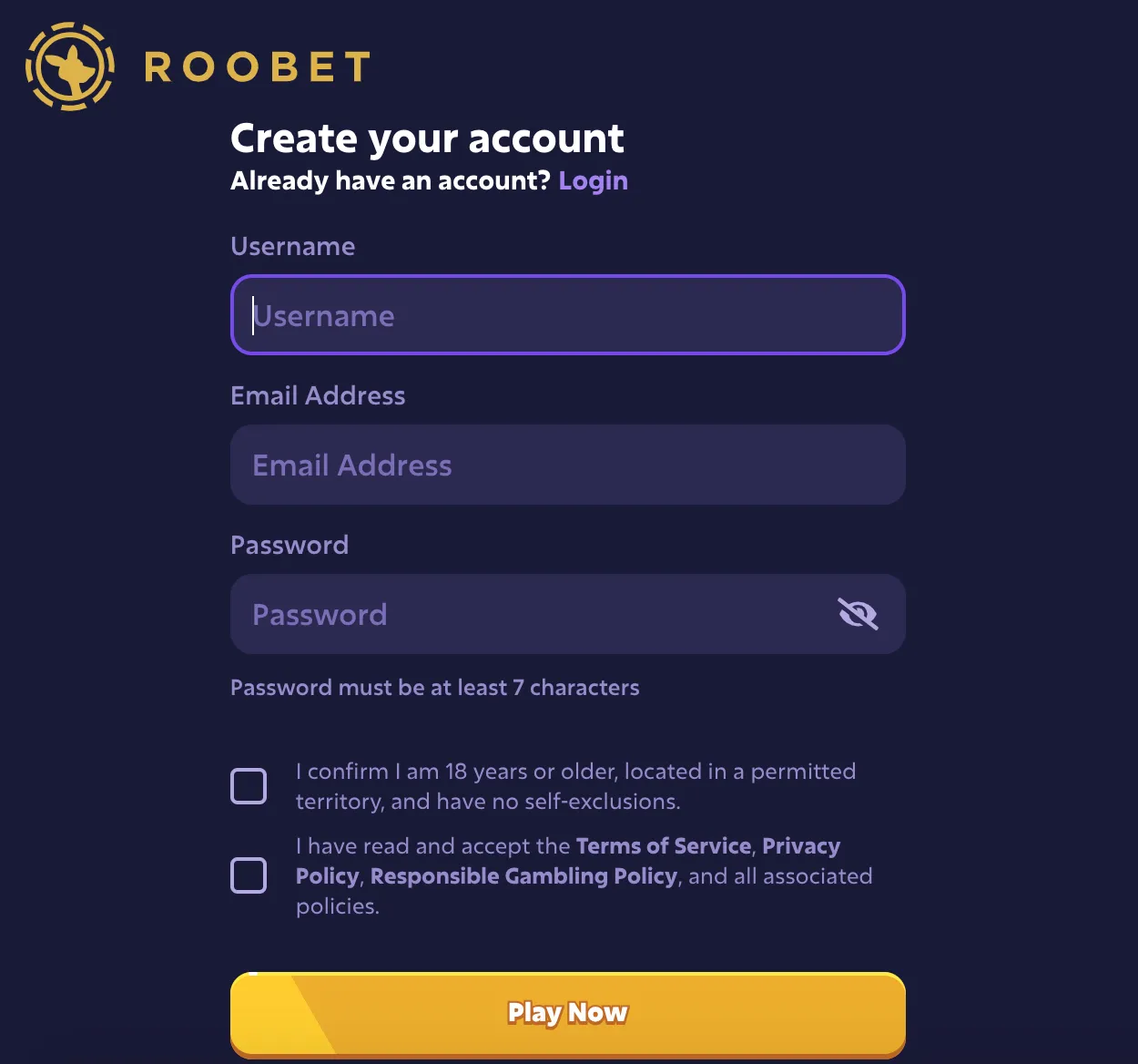 Proceso de registro Roobet